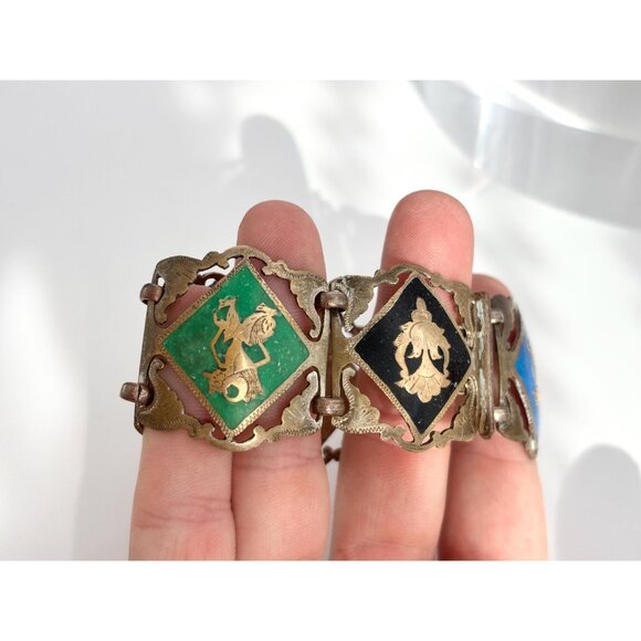 Silver Toned Multicolored Paneled Family Crest Sterling Silver Vintage Bracelet - Picture 7 of 10